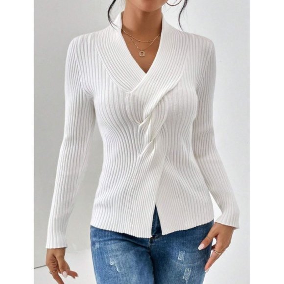 Twist Front Ribbed Knit Sweater White - Picture 1 of 6